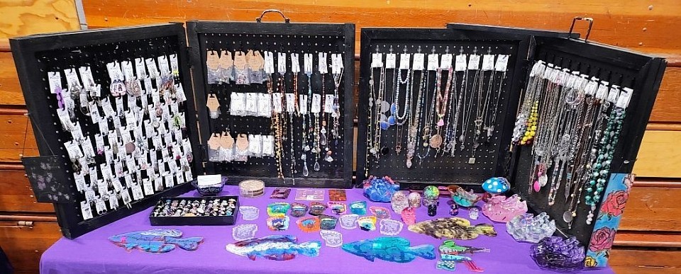 Jewelry and Resin Art displayed for a event in town.